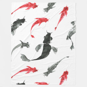 Roter und grauer Fisch, Sumi-e japanische Tintenma Fleecedecke
