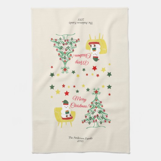 Roter und grüner Bärenbaum Moderne frohe Weihnacht Geschirrtuch (Vertikal)