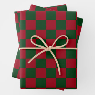 Roter und grüner klassischer Weihnachts-Schachbret Geschenkpapier Set