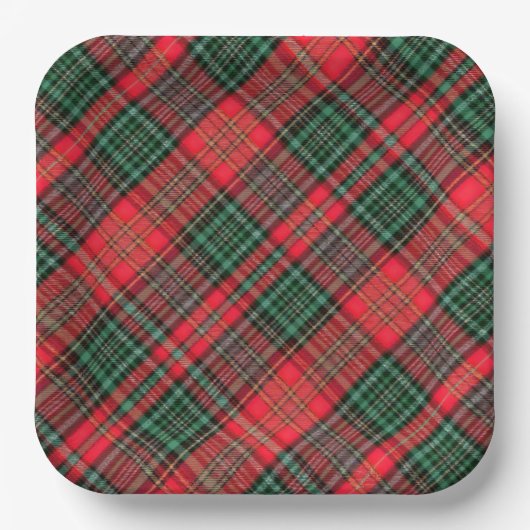 Roter und grüner schottischer diagonaler Tartan-Ka Pappteller (Vorderseite)