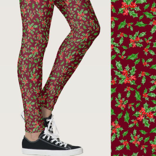 Roter und grüner Stechpalmen-Weihnachtsmuster Leggings