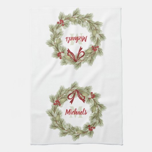 Roter und grüner Weihnachtskranz Geschirrtuch (Vertikal)
