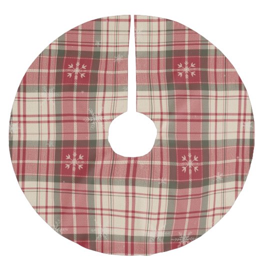 Roter und Immergrüner Tartan-Weihnachtskariert Polyester Weihnachtsbaumdecke (Vorderseite)