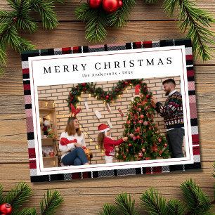 Roter und Marineblauer Schottenkaro Foto-Weihnacht Feiertagskarte