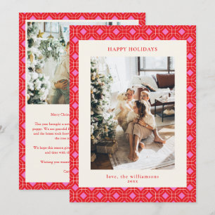 Roter und rosa geometrischer Foto-Brief-Weihnachte Feiertagskarte