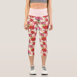 Roter und rosa Hibiskus Capri Leggings