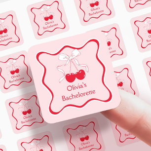 Roter und Rosa Wellenschleifen-Kirsche-auf-dem-Tor Quadratischer Aufkleber