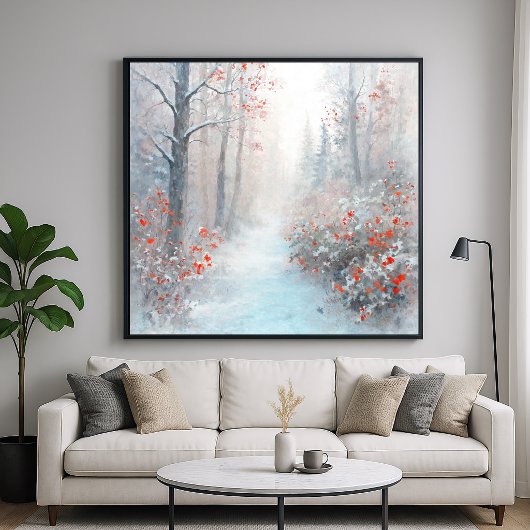 Roter und schneebedeckter Wald - Impressionistisch Poster