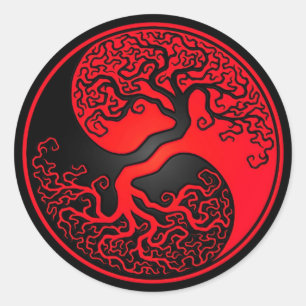 Roter und schwarzer Baum des Lebens Yin Yang Runder Aufkleber