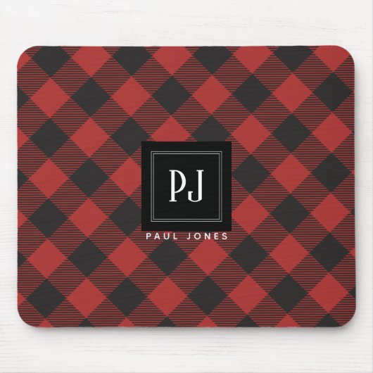 Roter und schwarzer Büffel-kariertes Monogramm Mousepad (Vorne)