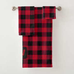 Roter und schwarzer Büffel-Karo-Monogramm Badhandtuch Set