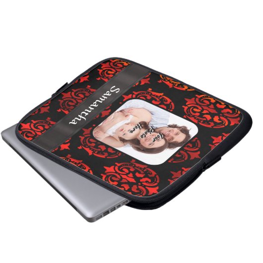 Roter und schwarzer Damast Laptopschutzhülle (Vorne Knopf)