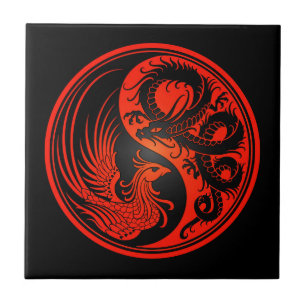 Roter und schwarzer Drache Phoenix Yin Yang Fliese