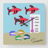 Roter und schwarzer Fisch mit Muscheln: Quadratische Wanduhr (Vorderseite)