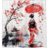 Roter und schwarzer floraler Geisha | Duschvorhang (Vorderseite)