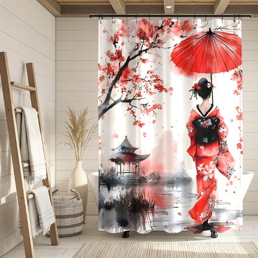 Roter und schwarzer floraler Geisha | Duschvorhang