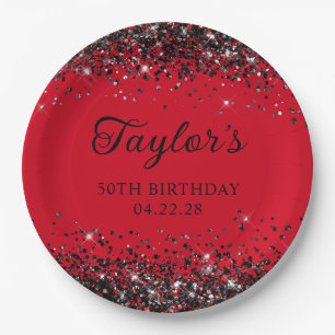 Roter und schwarzer Glitter 50. Geburtstag Pappteller
