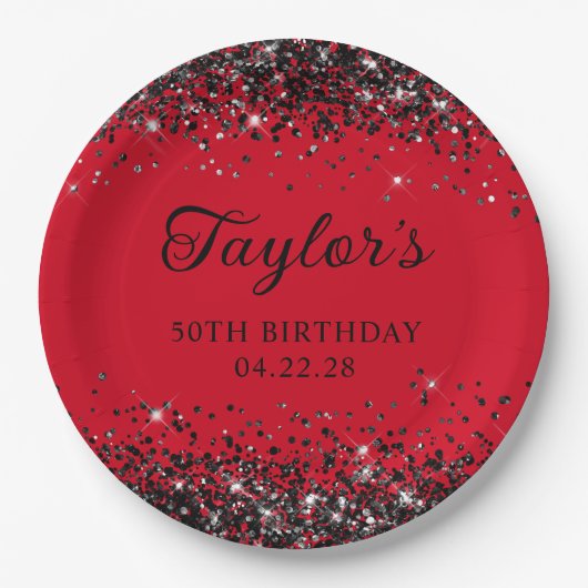 Roter und schwarzer Glitter 50. Geburtstag Pappteller (Vorderseite)