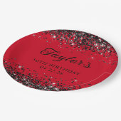Roter und Schwarzer Glitzer 50. Geburtstag Pappteller (Schrägansicht)