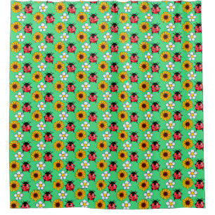 Roter und schwarzer Marienkäfer mit Blumen  Duschvorhang