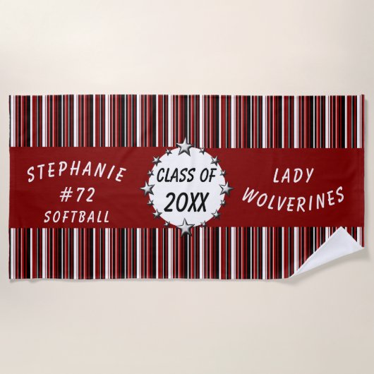 Roter und schwarzer SchulAbschluss personalisiert Strandtuch (Vorderseite)