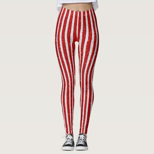Roter und silberner Glitzer Stripes Leggings (Vorderseite)