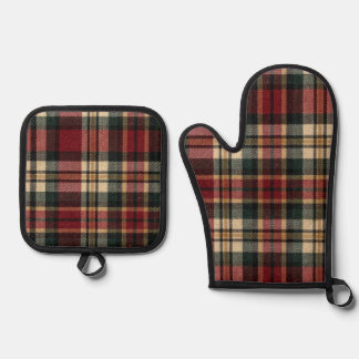 Roter und Waldgrüner Flanell-Karo Ofenhandschuh & Topflappen-Set