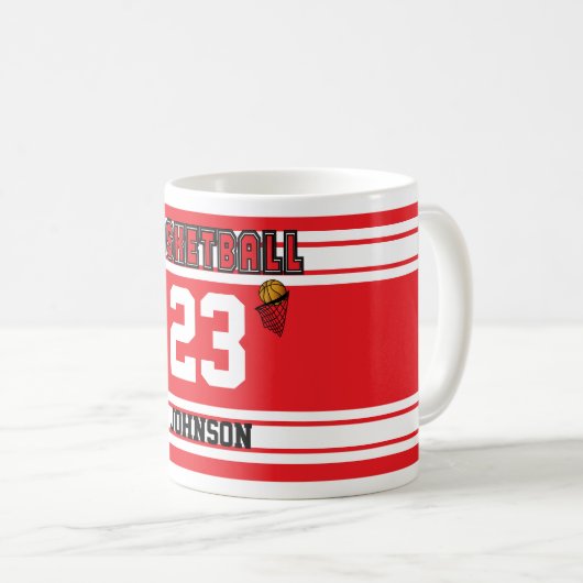 Roter und weißer Basketball-Sport Jersey Kaffeetasse (VorderseiteRechts)