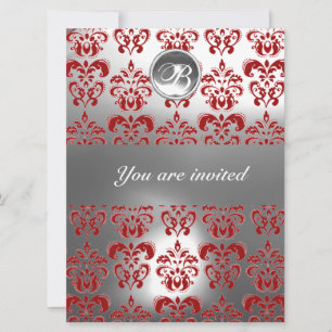 ROTER UND WEISSER DAMAST-EDELSTEIN-MONOGRAMM EINLADUNG