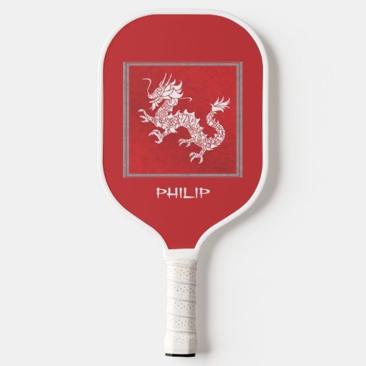 Roter und Weißer Drache auffallend Pickleball Schläger (Rückseite)