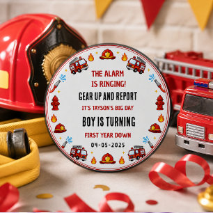 Roter und Weißer Feuerwehrwagen 1. Geburtstagsfeie Button