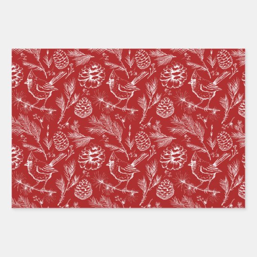 Roter und weißer Kardinal, Pinecones und Winterfrü Geschenkpapier Set (Vorderseite)