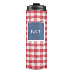 Roter und weißer Karo Blauer Denim Name Rahmen 12o Thermosbecher