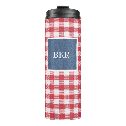 Roter und weißer Karo Blauer Denim Name Rahmen 12o Thermosbecher (Vorderseite)
