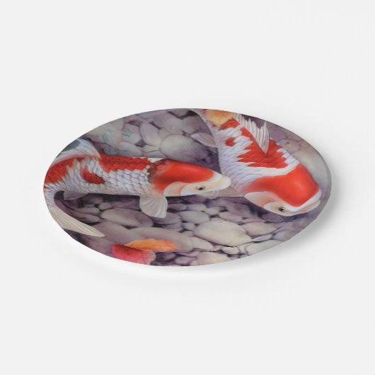 Roter und weißer Koi Fisch-Teich Pappteller (Schrägansicht)