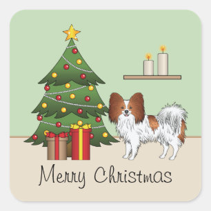 Roter und weißer Papillon-Hund an einem Weihnachts Quadratischer Aufkleber