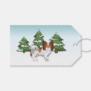 Roter und weißer Papillon-Hund im Winterwald Geschenkanhänger