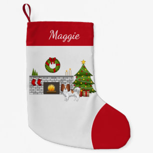 Roter und weißer Papillon in einem Weihnachtszimme Kleiner Weihnachtsstrumpf