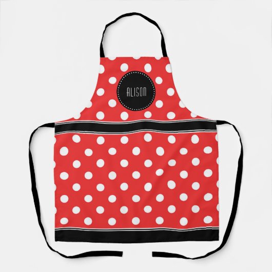 Roter und weißer Polka-Punkt mit schwarzem Monogra Schürze (Vorderseite)