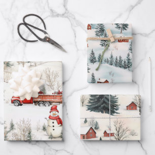 Roter und weißer Schneemann und Lastwagen im Wald  Geschenkpapier Set