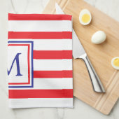Roter und weißer Streifen mit Navy Blue Monogram Geschirrtuch (Viertel Falte)