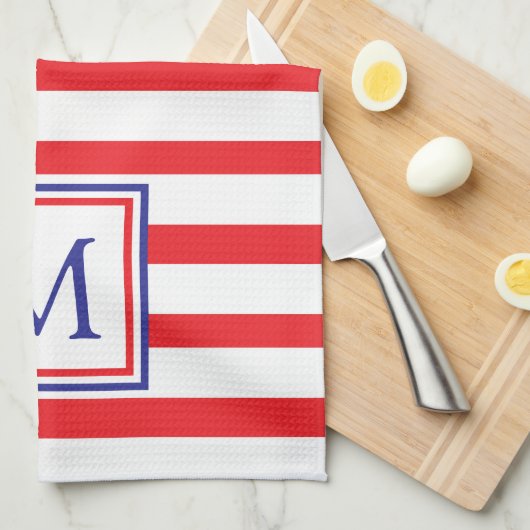 Roter und weißer Streifen mit Navy Blue Monogram Geschirrtuch (Viertel Falte)