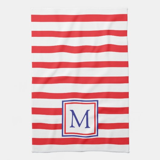 Roter und weißer Streifen mit Navy Blue Monogram Geschirrtuch (Vertikal)