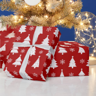 Roter und Weißer Winter Weihnachtsbaum und Schneef Geschenkpapier