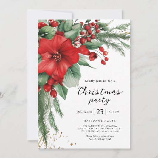 Roter Urlaub Botanisches Weihnachtsfest Party Einladung (Vorderseite)