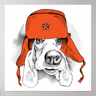Roter Ushanka Hut Basset Hounds   Poster