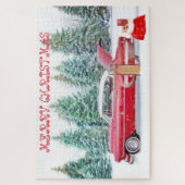 Roter Vintage Auto, Pinienwald, Geschenke, Weihnac Puzzle (Vertikal)