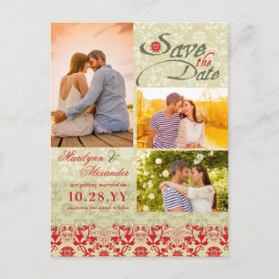 Roter Vintage-Damask-Lace-Foto-Save-the-Date Ankündigungspostkarte