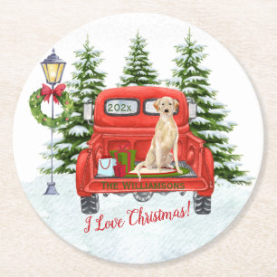 Roter Vintage-LKW Lab Retriever Schnee Familiennam Runder Pappuntersetzer