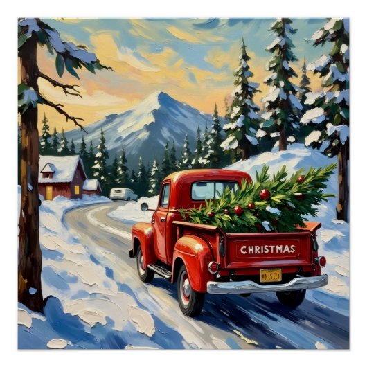Roter Vintage-LKW mit Weihnachtsbaum Poster (Vorderseite)